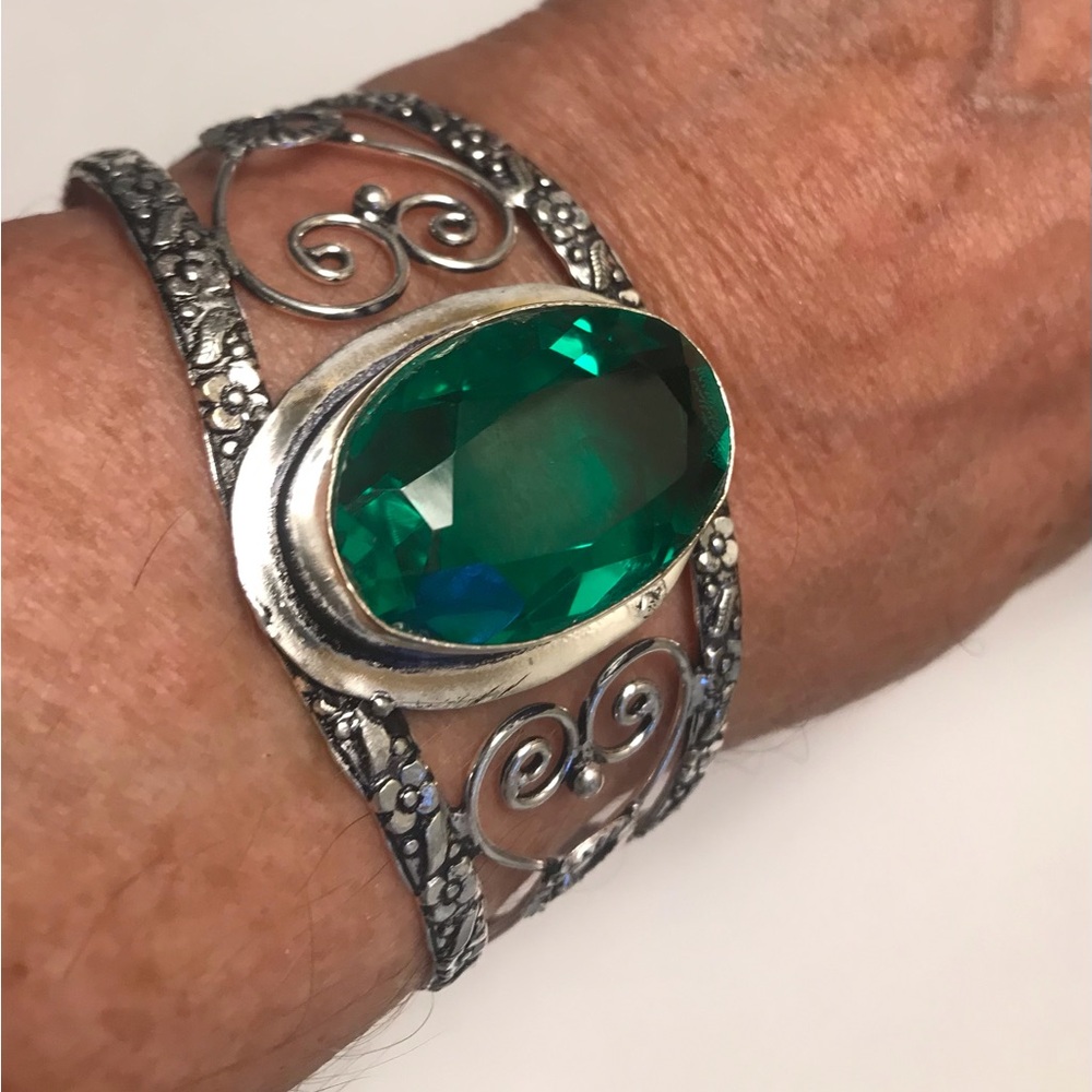 Tsavorite Stamped 925 Sterling Silver Cuff Bracelet